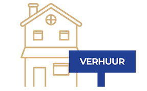 Illustratie van een eenvoudig huis met een rond raam en schoorsteen. Ernaast een blauw bord met het woord VERHUUR dat verwijst naar de verhuurstatus, mogelijk beheerd door Verhuurmakelaar Utrecht, met de tekst in helder wit.