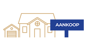Omtrek van een huis en garage in geel tegen een transparante achtergrond met een blauw bord met het woord AANKOOP in witte letters, perfect voor wie op zoek is naar een betrouwbare verkoopmakelaar in Utrecht.